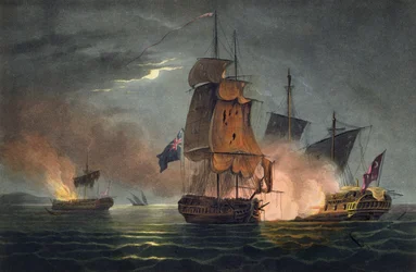 Zdobycie Badere Zaffer, 6 lipca 1808, z „The Naval Achievements of Great Britain” Jamesa Jenkinsa, grawerowane przez Thomasa Sutherlanda (b.c.1785) opublikowane 1816 (akwatinta ręcznie kolorowana)